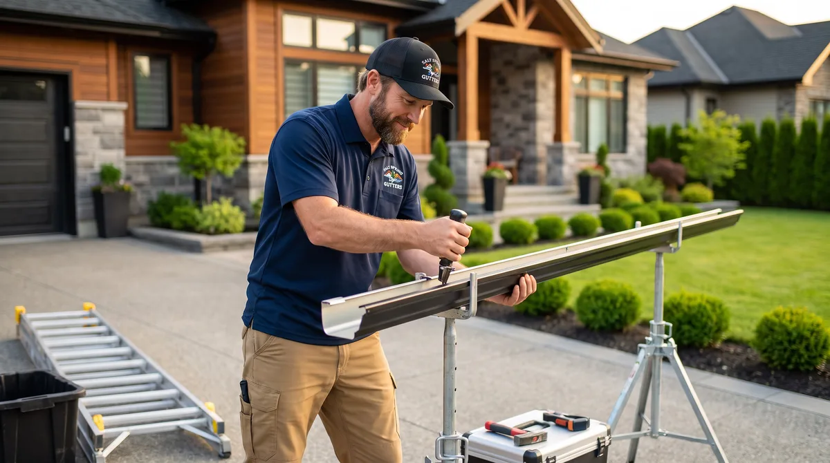 Gloved hands working at the roof edge during a gutter repair